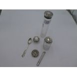 A quantity of silver items to include a teaspoon pencil and silver topped glass items, various hallm