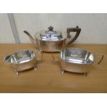 Silver three piece tea set comprising teapot, cream jug and sugar bowl, approx 33ozt, hallmarked Lon