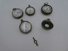A quantity of silver pocket watches, some 19th century, one ticking. Various designs, hallmarks and