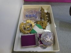 Three Victorian silver crowns and an Army Long Service medal, badges, etc