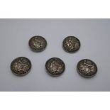 A set of five, silver Victorian buttons of repoussed figures holding hands. Having gadrooned border.
