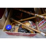 Two boxes of various collectables incl. model cars, metalware, walking sticks, penknives and binocul