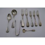 A quantity of heavy Georgian flatware to include forks, a ladle and spoon. Hallmarked London 1824-34