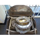 Wicker basket containing silver plated items including trays and tea set, cutlery, etc