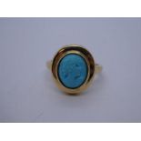 14ct yellow gold cameo ring, with oval turquoise panel depicting a female, marked 585, Size P, appro