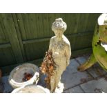 A reconstituted figure of lady and 2 pedestal pots