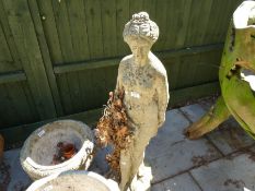 A reconstituted figure of lady and 2 pedestal pots