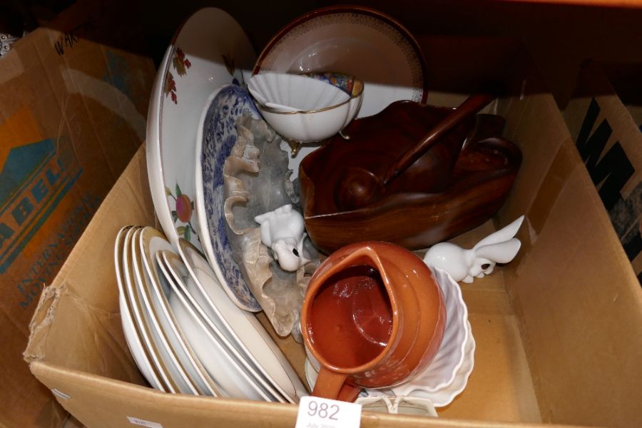 Two boxes of mixed china, various manufacturers, and a box of various lights