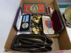 Victorian Military brass belt and buckle, a South Africa 1900 queen Victoria tin, buttons and sundry