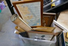 A box of various framed pictures including a map, etc