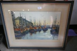 A modern oil painting and a watercolour of fishing boats in harbour by Murray, 1976