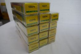 'N' gauge, fourteen various Minitrix carriages, boxed, including six of number 13374, (all appear in
