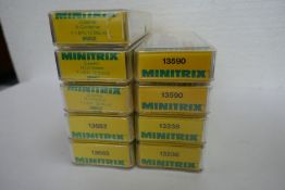 'N' gauge; six various Minitrix rolling stock cranes, boxed, numbers 13238, 13590 and 13682, also th