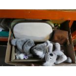 A mixed box of vintage items including camera, puppets etc