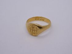 18ct yellow gold signet ring, with initials, marked 18, size N, appox 5g