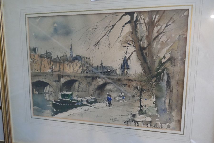 Edward Wesson, titled "Bridge on the Seine", pen and wash drawing signed, 34.5 x 24cm and one other