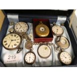 Box containing pocket watches including rolled gold, white metal, silver pocket watch chain etc