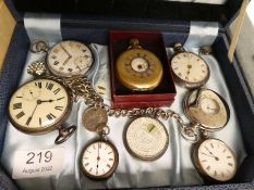 Box containing pocket watches including rolled gold, white metal, silver pocket watch chain etc