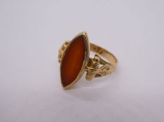 Antique yellow gold, possibly 18ct signet ring with marquise Carnelian panel, the painted back leavi