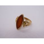 Antique yellow gold, possibly 18ct signet ring with marquise Carnelian panel, the painted back leavi