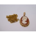 9ct yellow gold Cameo pendant hung on an 18ct yellow gold neckchain, 1.2g approx