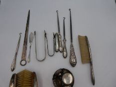 A quantity of items to incl. silver backed brush by M Bros with hammered design, also with a pair of