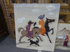 Two modern needlework panels of figures and animals, 82x46cm and 66x76cm