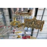 A mixed lot of metalware to incl. an ornate brass letter rack