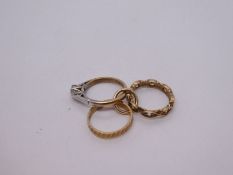 9ct yellow gold charm three gold rings, comprising wedding band, engagement ring and eternity ring