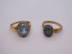 9ct yellow gold blue topaz cluster ring, AF, band cut, and another topaz and diamond cluster ring, b