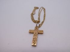 9ct yellow gold figaro neckchain hung with a 9ct gold cross with foliate decoration, detailed 'B & W