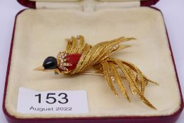 A beautiful Asprey 'Bird of Paradise' 18ct yellow gold brooch with textured feathers set with 18 rou