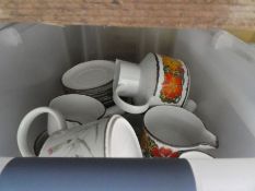 Box of mixed China, vintage pictures etc, bread bin