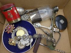 Tray of collectables, including filigree bracelet, brooches, compact vintage Oxo tin, etc