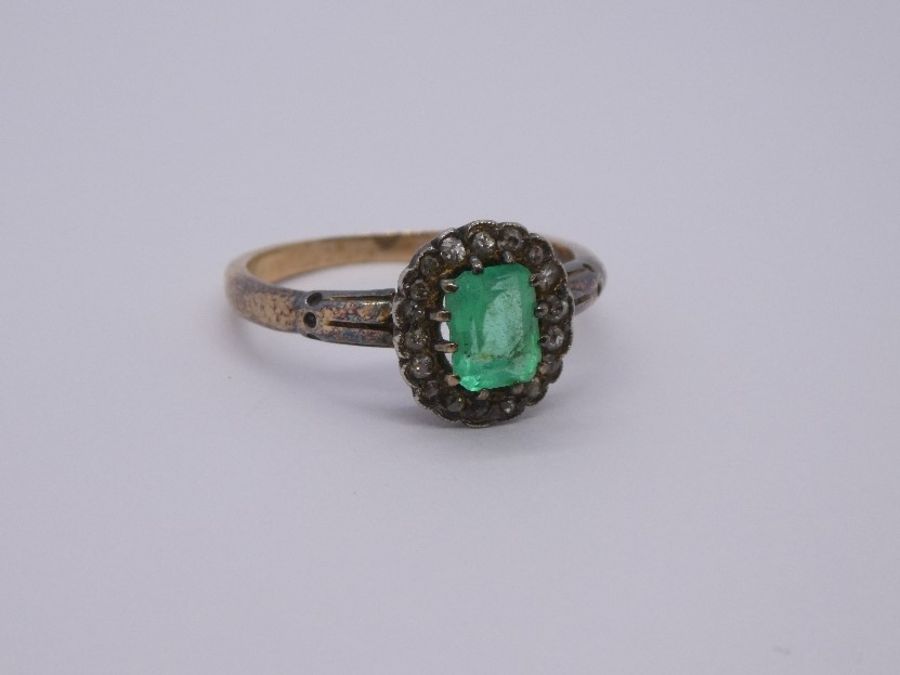 9ct yellow gold emerald and diamond cluster ring, size O/P, unmarked 3.4g approx - Image 2 of 4
