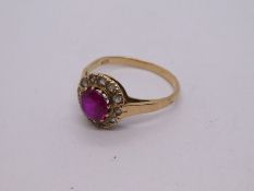 9ct yellow ruby and clear stone cluster ring, marked 9ct, size P, 2.4g approx