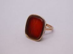 Antique, possibly Georgian, yellow gold Carnelian Seal ring with carved squirrel on a branch eating