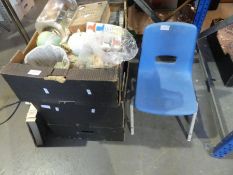 Three trays of sundry and a childs school chair