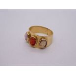 Continental 14ct yellow gold band ring inset with three oval cameos, marked 585, size L, approx 4.2g