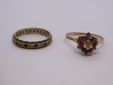 Sapphire and clear stone eternity ring, and a garnet and diamond cluster ring A/F, stone missing, 5.