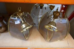 A pair of gilt metal two branch wall lights, china and sundry. Also three smoked glass and etched ce