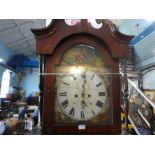 A longcase Grandfather clock with hand painted dial of hunting scenes, plus accessories, pendulum/we