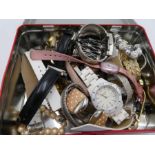 A tin containing modern wristwatches, costume jewellery etc to include a Limit, Avia and Sekonda exa