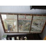 A large painted pine frame containing three 17th century style watercolor of figures and landscape,