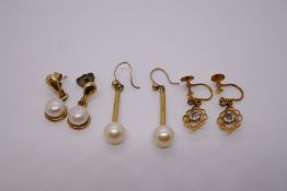 Pair of 9ct gold pearl earrings, pair of decorative 9ct yellow gold earrings and a pair of unmarked