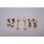 Pair of 9ct gold pearl earrings, pair of decorative 9ct yellow gold earrings and a pair of unmarked