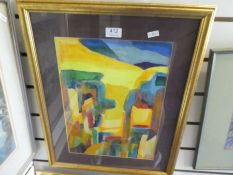 Muriel Baun; a mixed media painting titled 'Through Yellow' signed 29x39cm