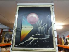 Two oil on board large pictures 'Dark side of the Moon' almost album cover style signed by artist De