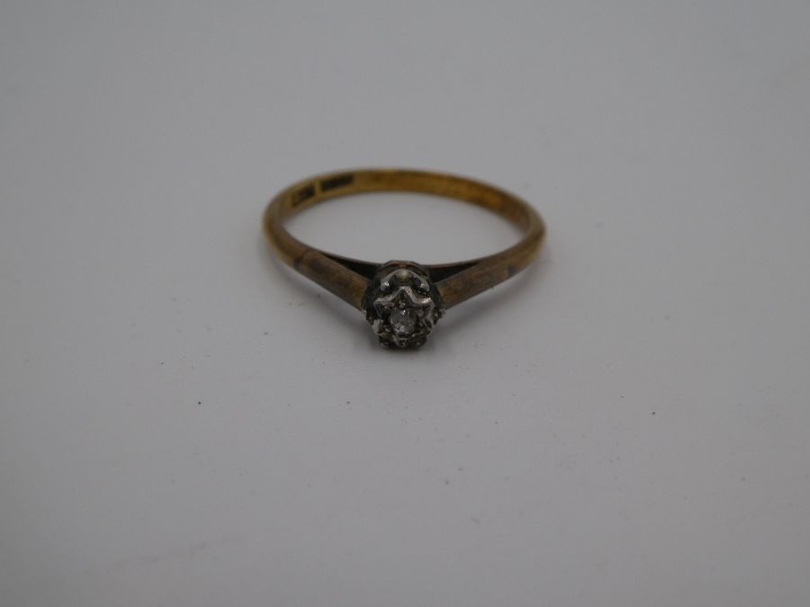 Antique 18ct and Platinum diamond ring with single illusion set diamond in cathedral mount, marked 1