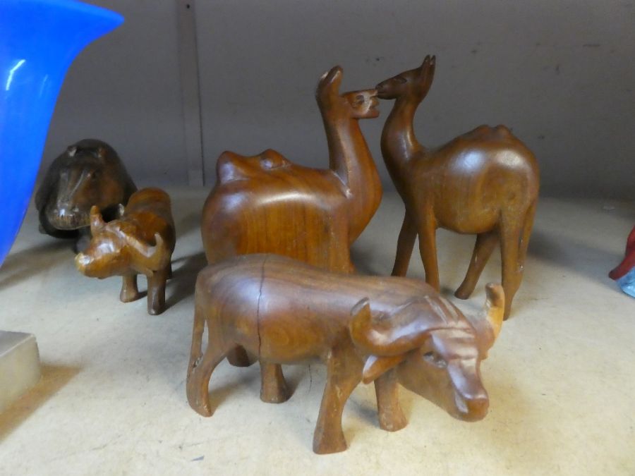 An old blue glass cornucopia on alabaster base and a selection of vintage teak animals - Image 2 of 5